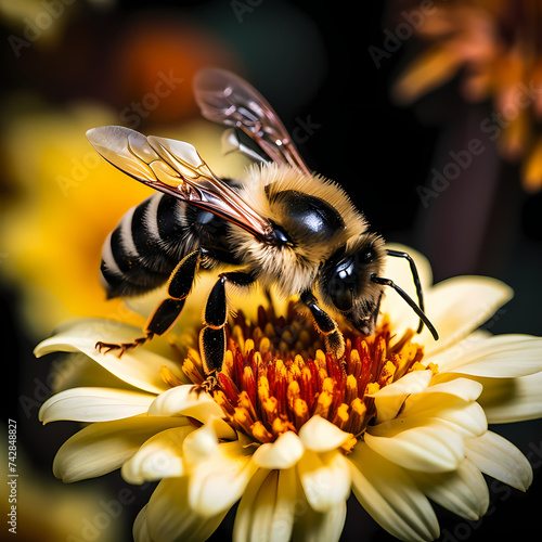 Macro shot of a bee pollinating a flower.