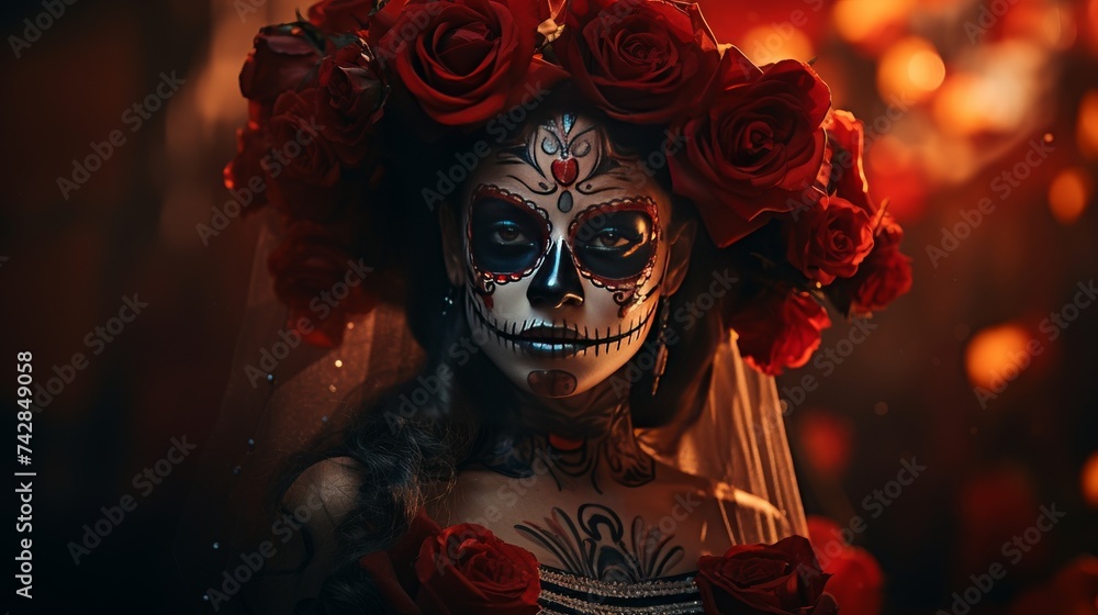Woman With Skeleton Makeup and Flowers in Her Hair Woman With Skeleton Makeup and Flowers in Her Hair