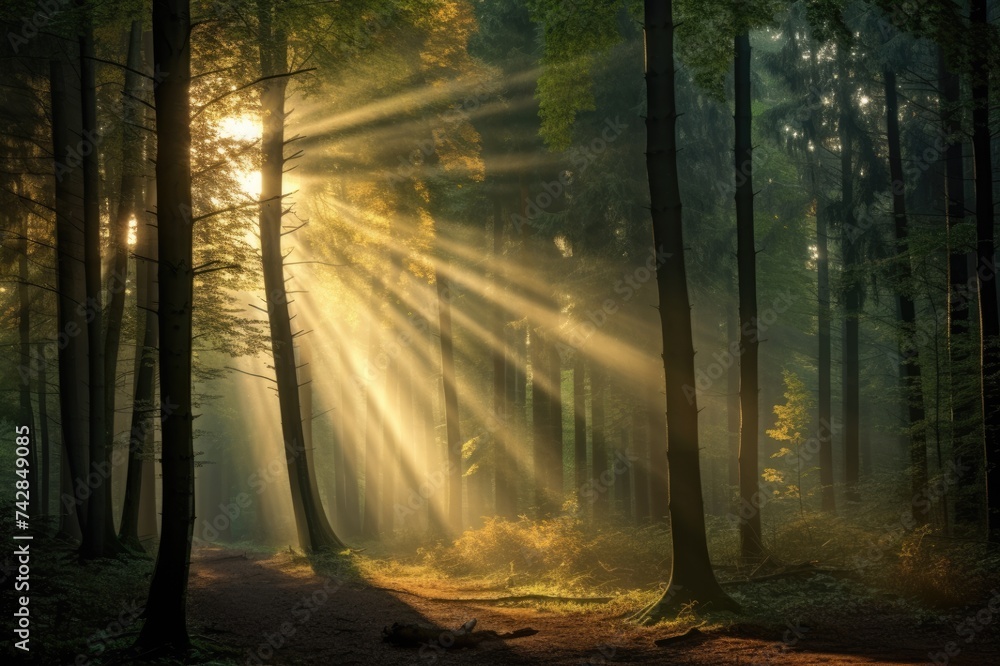 Sunrays in Autumn Forest. Captivating Landscape with Golden Foliage and Dense Trees in Woodland