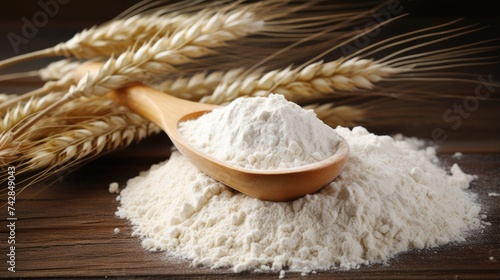 White Wheat Flour in Metal Scoop on Wooden Background - Perfect for Baking Fresh Bread