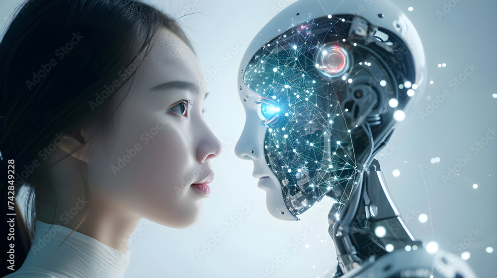 Naklejka premium Beautiful girl staring into the eyes of a robot, artificial intelligence technology. People using AI