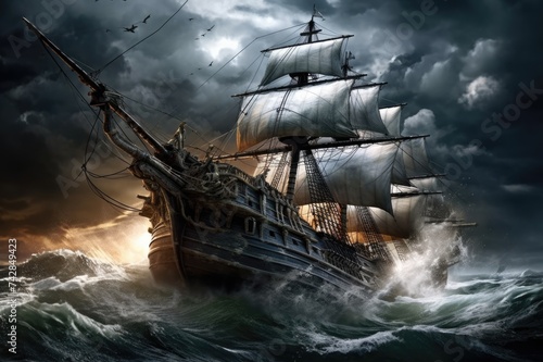 Ship Sail: A Pirate Ship Setting Sail on a Stormy Sea in an AI Generated Image Reflecting Maritime