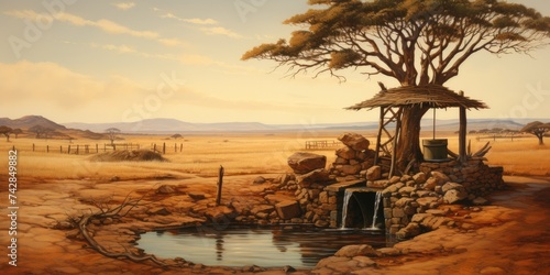 Wishing Well with a Wooden Bucket on a Barren Landscape- A Dreamy Oasis with Waterhole in Drought photo