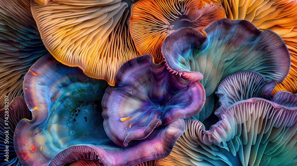 Abstract Mushroom Gills Texture With Vibrant Colors, Under The Cap, Intricate Patterns. Mushroom Texture Abstract Mushroom Gills Texture With Vibrant Colors, Under The Cap, Intricate Patterns. Mushroom Texture