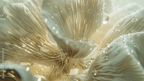 Close-up of Mushroom Underside, Hyper-Realistic Texture, Emphasizing The Natural Architecture of Gills, With Dew Drops. Abstract Mushroom Texture