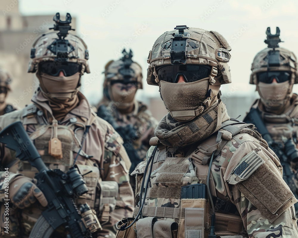 A group of soldiers in full army gear each with a personalized name tag displayed prominently A group of soldiers in full army gear each with a personalized name tag displayed prominently