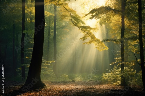 Sunray Autumn Forest Landscape with Beams of Light Penetrating Through Trees, Foliage and Dense