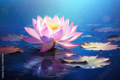Shiny Pink Lotus Flower on Blue Background - Glowing Nenuphar Fairy Zen Garden