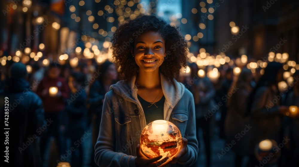Woman Holding Light Bulb in Front of Crowd