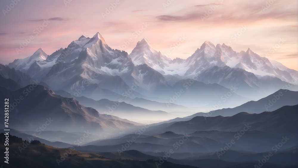 A gently blurred mountain landscape at dusk, where the fading light mutes the colors and softens the outlines, evoking a sense of calm and majesty. generative AI