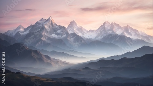 A gently blurred mountain landscape at dusk, where the fading light mutes the colors and softens the outlines, evoking a sense of calm and majesty. generative AI © Zohaib
