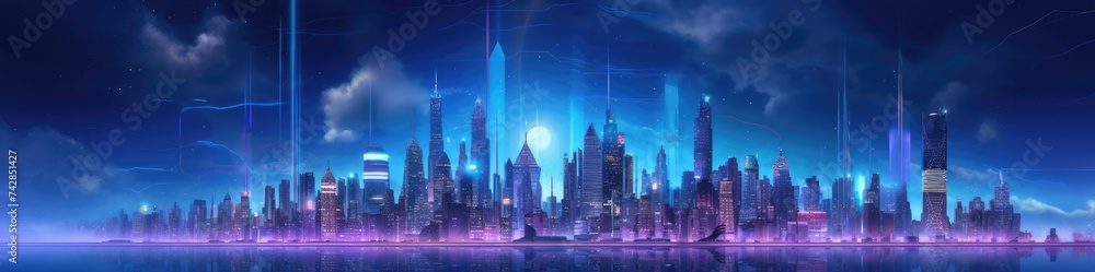 Neon Night City of the Future: A 3D Illustration of a Vibrant Metropolis with Skyscrapers, Bars