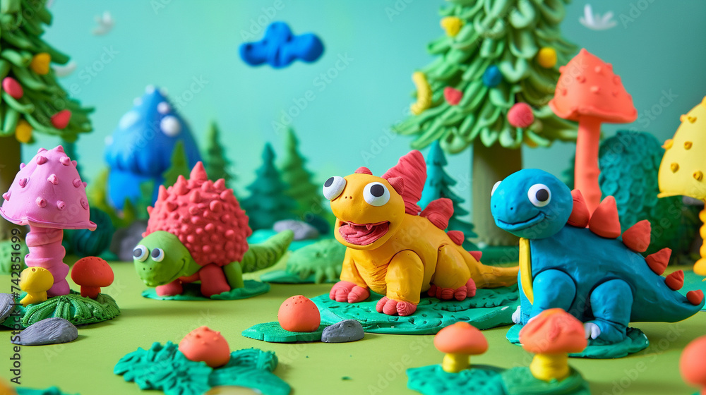 Fototapeta premium Create a whimsical scene featuring playful plasticine characters designed by a kid