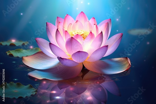 Shiny Pink Lotus Flower on Blue Water Background. Peaceful Glow of Nenuphar Blossom for Zen Fairy