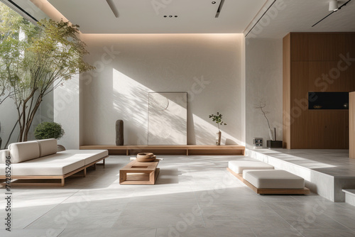 A serene and spacious minimalist living room bathed in natural sunlight  featuring modern wooden furniture and large windows.