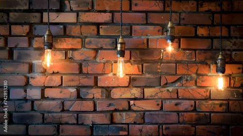 Decorative antique edison style light bulbs against brick wall background. vintage lamp decorative
 photo