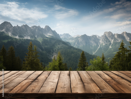 Empty wooden table top with mountains on background. Nature backdrop with wooden table podium for product display and commercial, copy space