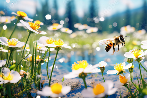 Bienen auf der Alm mit Blumenwiese im Sommer © Pixelot