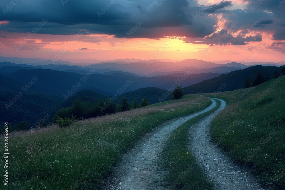 Dirt road in the mountains at sunset