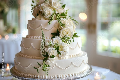 Exquisite wedding cake with delicate floral details, Generative AI