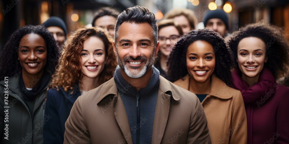 A diverse group of individuals stand confidently together in a city setting. Concept Group Photo, Cityscape, Diverse Individuals, Confidence, Urban Setting