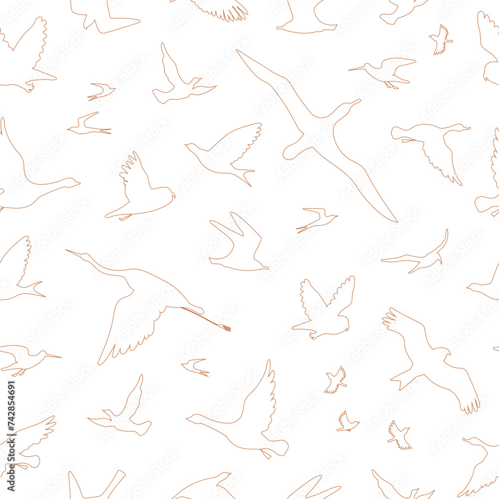 Flying birds. Vector color outline seamless pattern.