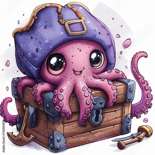 Octopus pirate on top of a treasure chest