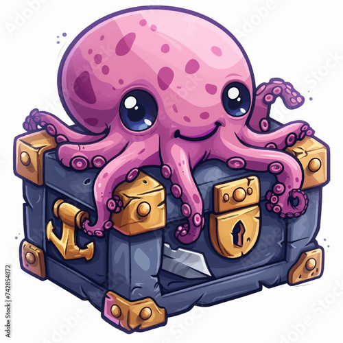 Octopus pirate on top of a treasure chest