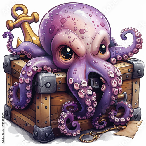 Octopus pirate on top of a treasure chest