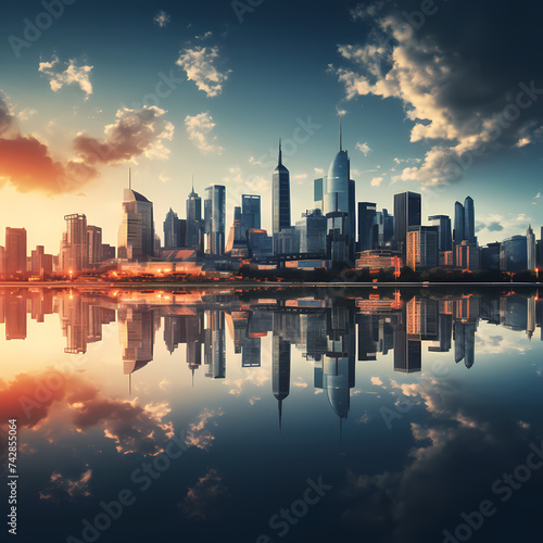A city skyline reflected in a calm lake.