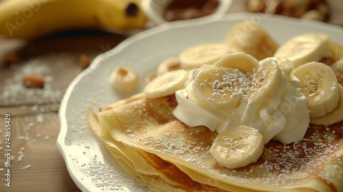 Banana crepes with whipped cream in the plate