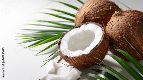 Tropical whole and half coconuts with green palm leaves on white background