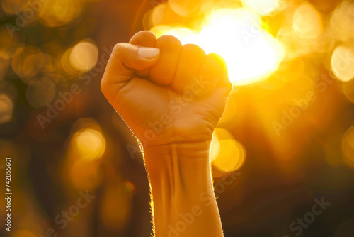 Peoples raised fist air fighting and sunlight effect, Competition, background space for text. © Hunman