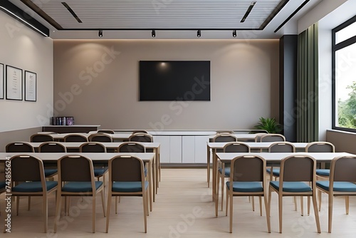 Interior of modern office with white walls, wooden floor and rows of white tables with chairs. 3d rendering mock up