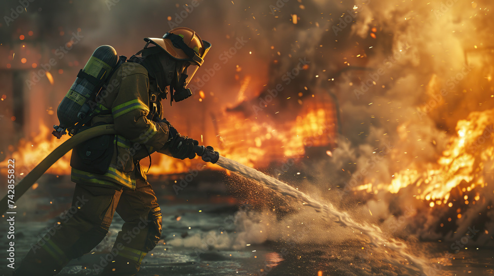 fireman in action in extinguishing a large fire generative ai