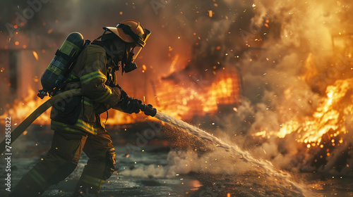 fireman in action in extinguishing a large fire generative ai © Wijaya