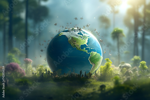 Invest in our planet. World environment day. Green earth with plants in a healthy environment.