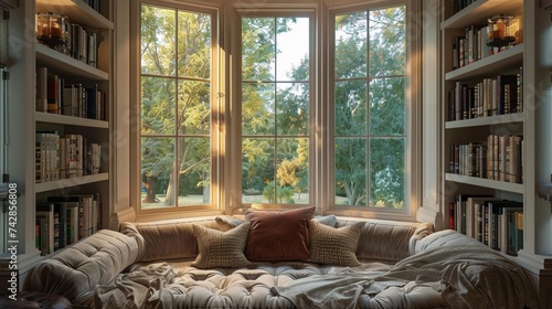 a cozy reading nook nestled by a large bay window, complete with plush seating and soft throw blankets for ultimate relaxation