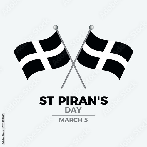 St Piran's Day poster with Cornwall flag vector illustration. Two crossed Saint Piran's flags on a pole icon. Flag of Cornwall symbol. Suitable for card, background, banner. March 5 every year