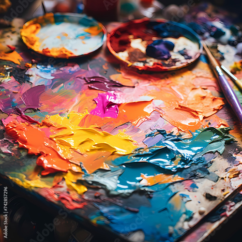 A close-up of an artists palette with vibrant colors