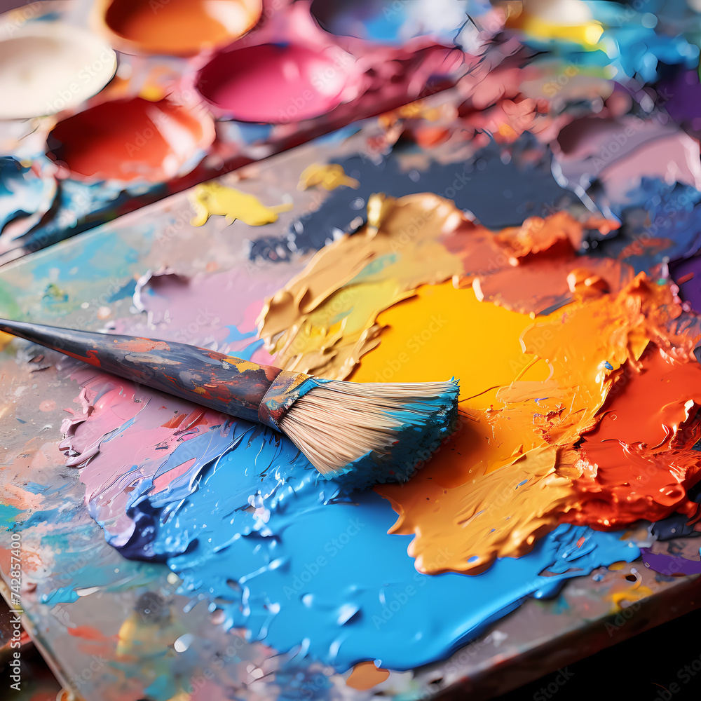 A close-up of an artists palette with vibrant colors