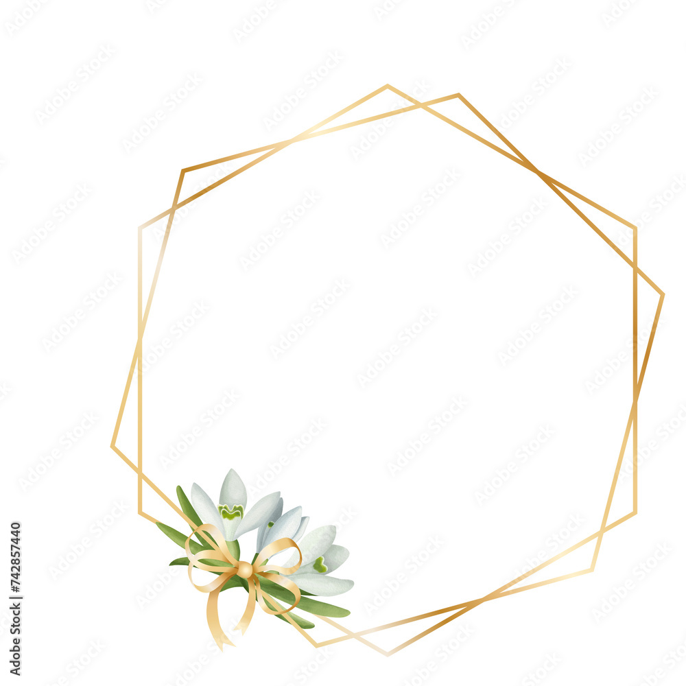 Double hexagonal gold frame with a bouquet of snowdrops. Illustration on a transparent background for the design of cards, invitations, etc. Double hexagonal gold frame with a bouquet of snowdrops. Illustration on a transparent background for the design of cards, invitations, etc.