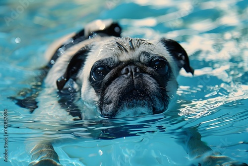 Adorable pug dog swimming in a pool, tongue out, enjoying the cool blue water on a sunny day.
