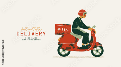 Pizza delivery. Man delivering pizza on a scooter. Retro style illustration.
