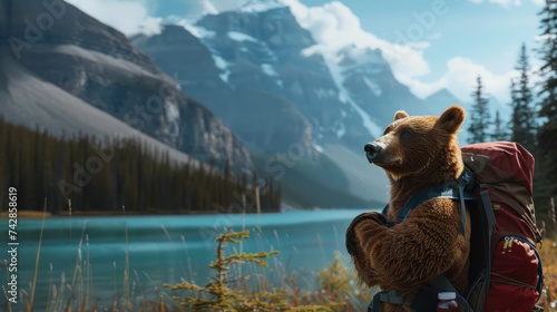 A bear in hiking gear trekking through the Canadian Rockies breathtaking nature scenes photo