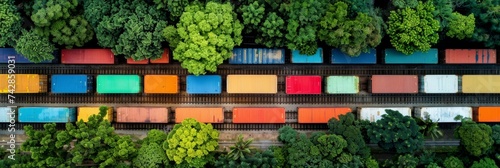 Side view of a cargo train transporting sea containers along railway tracks next to a dense forest photo