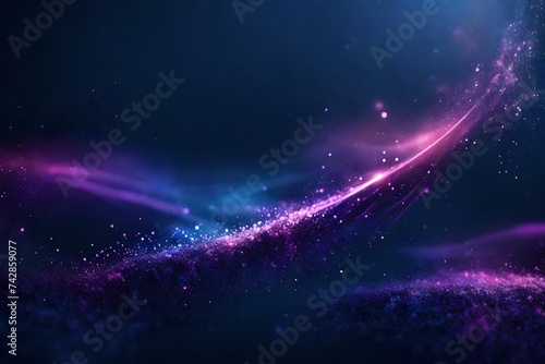 Digital dark blue abstract background with small blue light particles scattered throughout the area and the explosion of flares spreading into purple-pink light linesspace, star, galaxy, sky, nebula,  photo