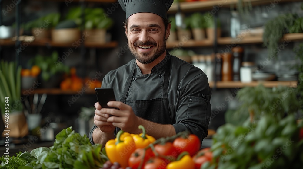 Smiling Chef with Smartphone in Organic Kitchen Smiling Chef with Smartphone in Organic Kitchen