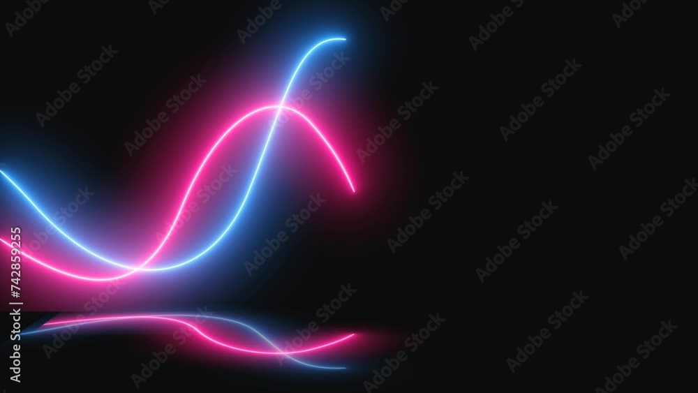 Movement of smooth neon lines on a black background, with reflection. 3D animation. Movement of smooth neon lines on a black background, with reflection. 3D animation.
