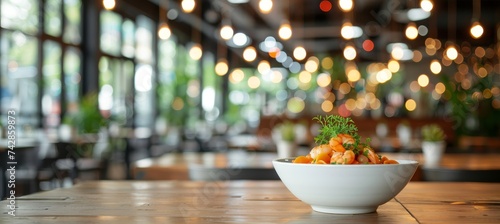 Seafood shrimp pasta on blurred restaurant background with copy space for text, culinary concept